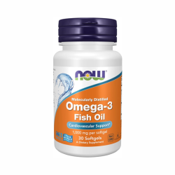 NOW Omega-3 1000mg softgels bottle with 30 capsules for skin hydration and health benefits