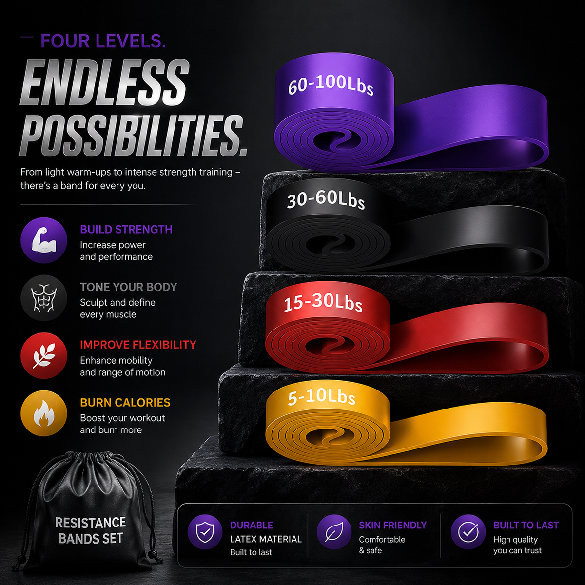 Resistance Bands Set – Pull Up Assistance Bands, Workout & Exercise Bands for Men & Women
