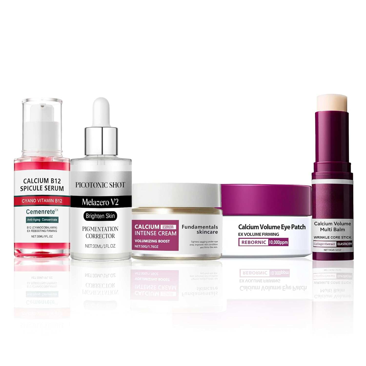 Calcium Daily Care Skin 5 Pcs Set with cleanser, toner, serum, balm stick, and moisturizer for hydration and firming
