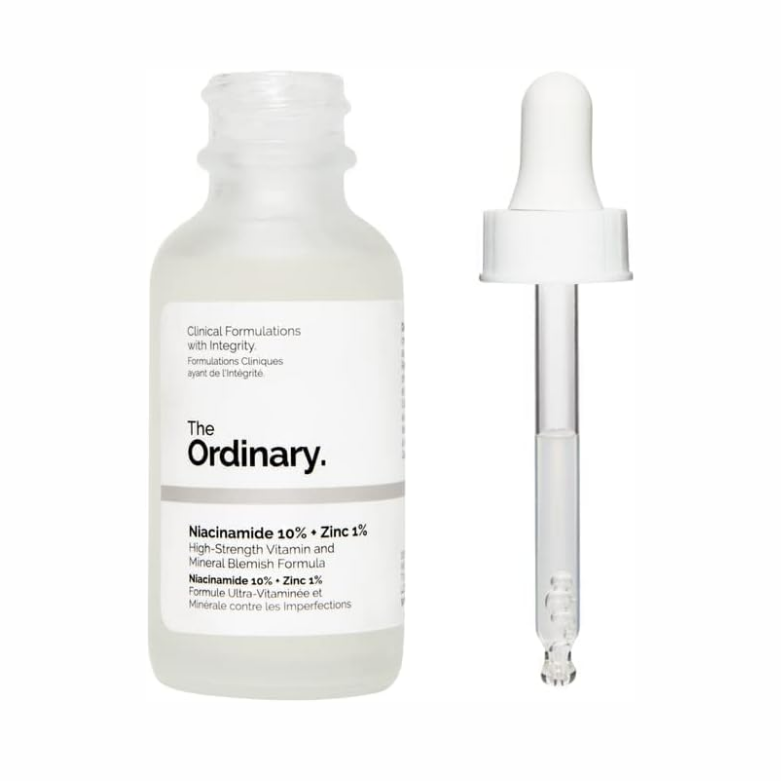 The Ordinary Niacinamide 10% + Zinc 1% serum bottle, 30 ml with clear liquid for blemish reduction and oil control