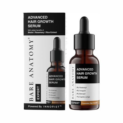 Bare Anatomy Advanced Hair Growth Serum 30mL bottle promoting natural hair growth and reducing hair fall