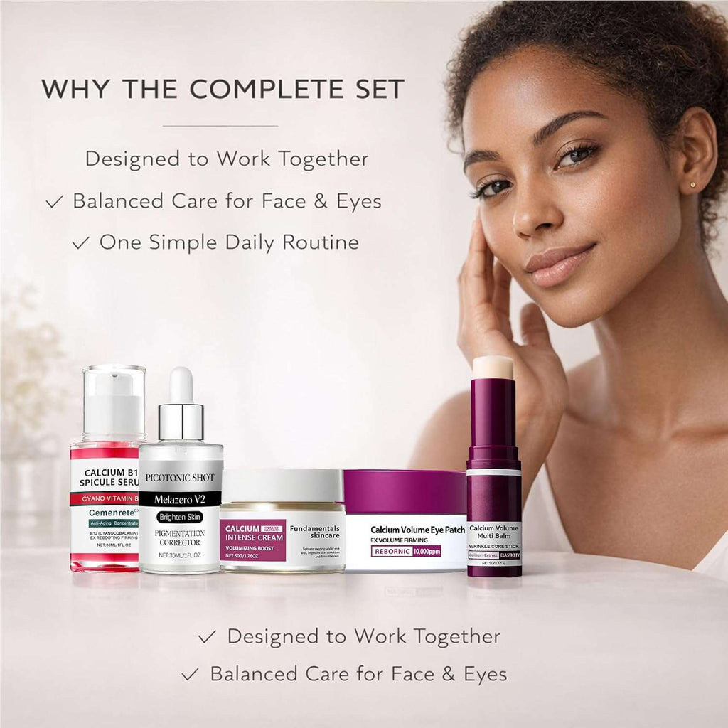Calcium Daily Care Skin 5 Pcs Set skincare products with calcium extracts and moisturizing balm stick in compact packaging