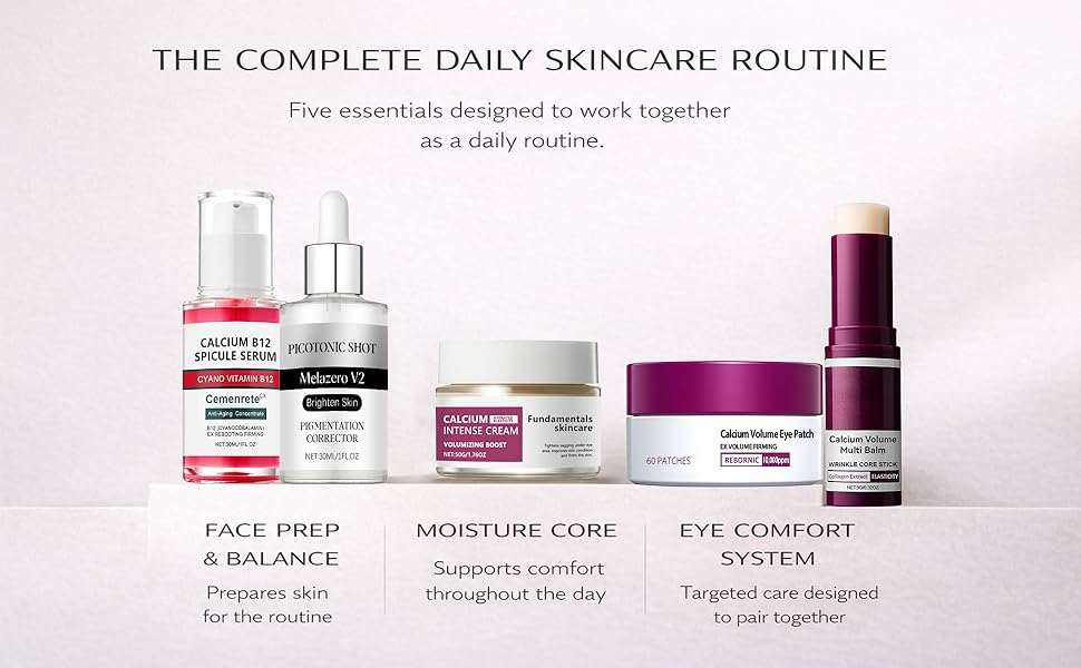 Calcium Daily Care Skin 5 pcs set with cleanser, toner, serum, balm stick, and moisturizer for hydration and firming