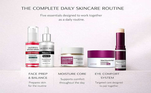 Calcium Daily Care Skin 5 pcs set with cleanser, toner, serum, balm stick, and moisturizer for hydration and firming