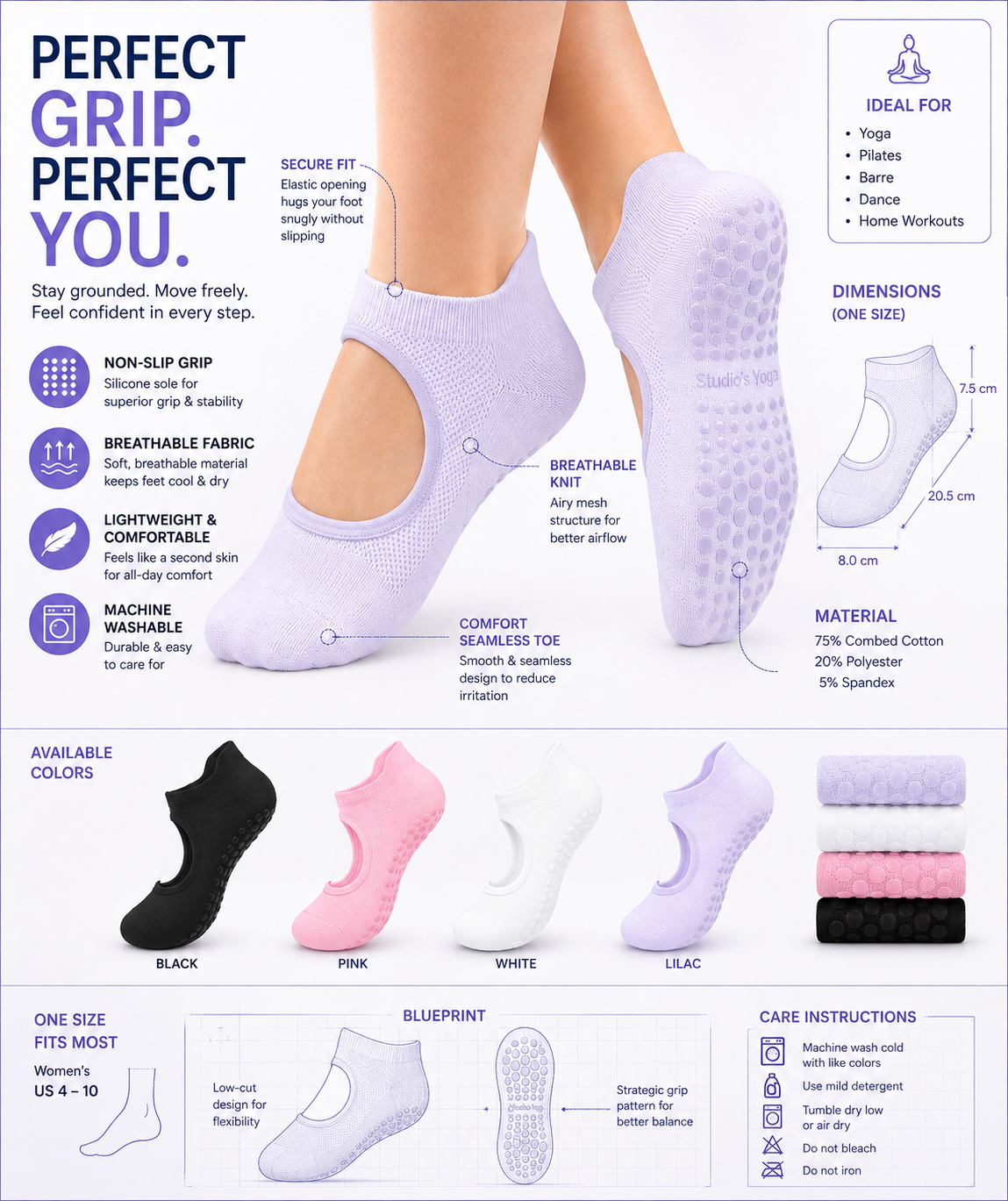 Women's Yoga Socks, Summer Thin Pilates Backless Short Socks, Women's Non-Slip Sports Fitness Floor Socks